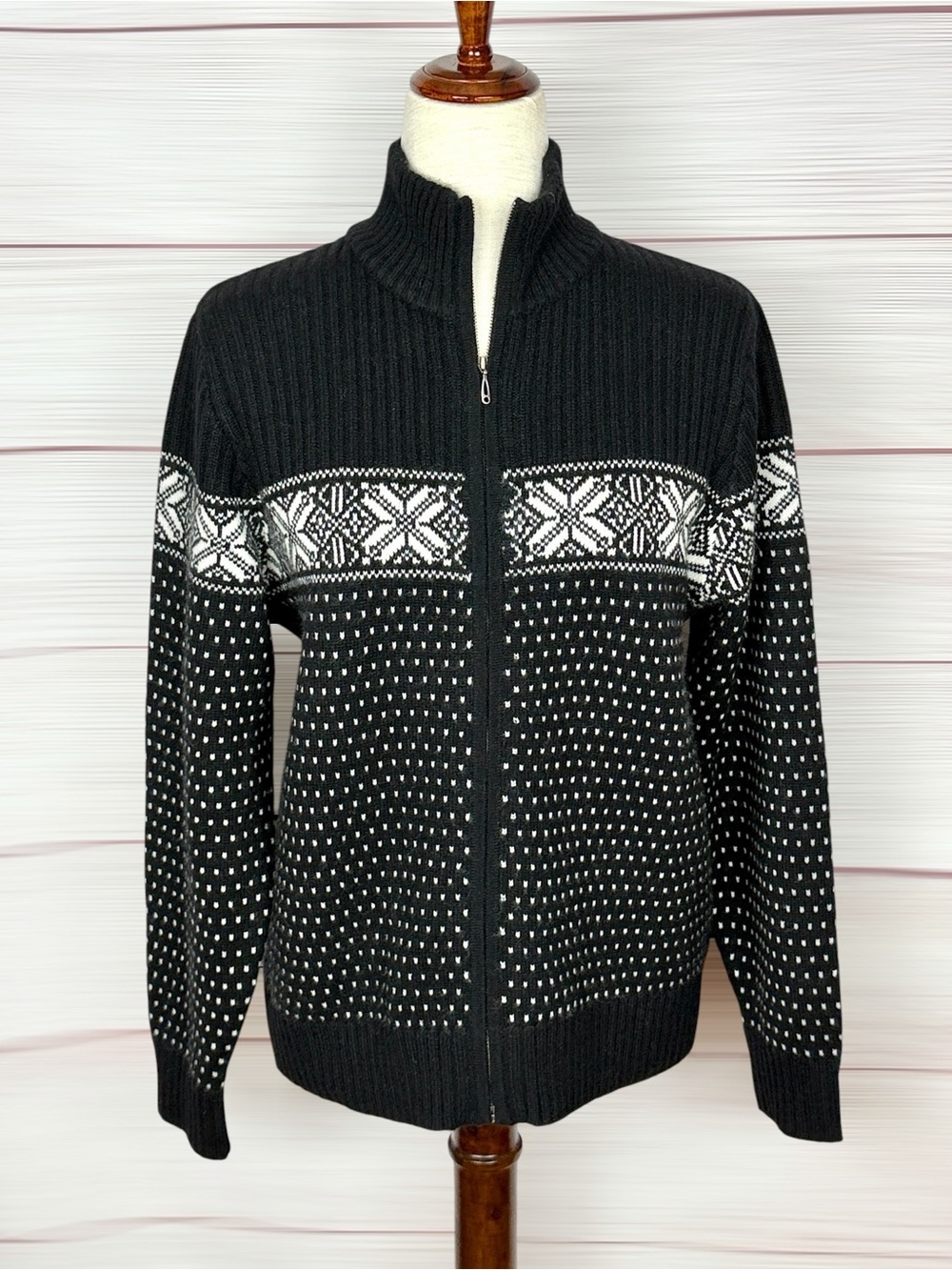 New Lands' End Fair Isle Cashmere Cardigan Sweater Zip Front Black White M 8-10